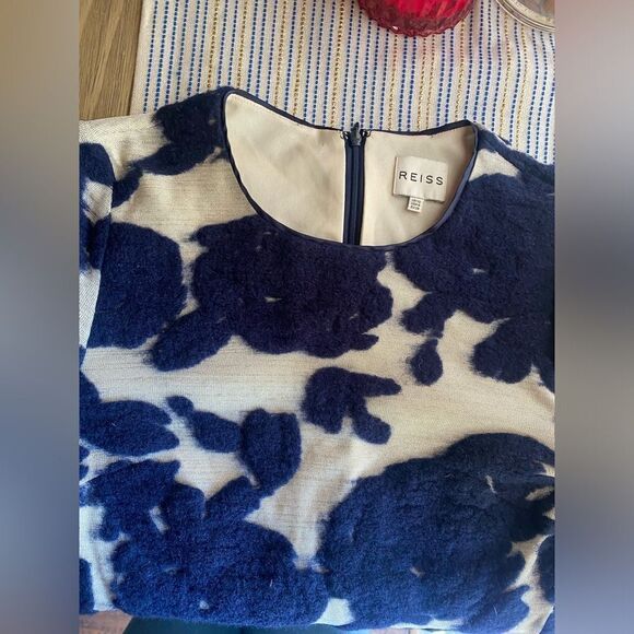 Reiss  Mini Dress Leila Size 6 Wool blended Navy & Cream Gold Floral - Picture 8 of 16